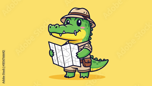 Cute cartoon crocodile explorer wearing safari hat and holding map.