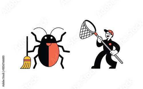 Cartoon pest control worker catching bug with net and broom