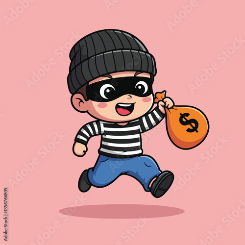 Cute Cartoon Thief Running with Stolen Money Bag.