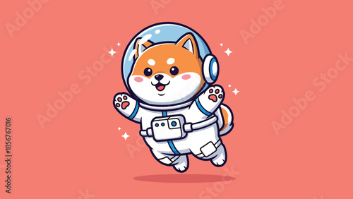 Cute Shiba Inu Astronaut Dog Floating in Space Cartoon Illustration.