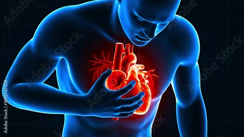 Medical 3D illustration of human anatomy showing a glowing red heart and chest pain representing heart attack or cardiovascular disease for healthcare and cardiology concept