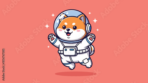 Cute Shiba Inu Dog Astronaut Floating in Space Suit Cartoon Illustration.