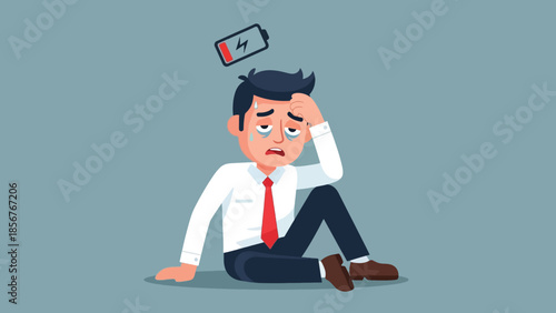 Exhausted businessman with low battery icon above head, indicating burnout.