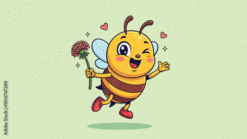 Cute winking cartoon bee holding a red flower with hearts, happy and cheerful character illustration.