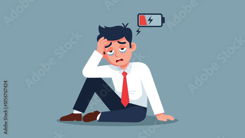 Exhausted businessman with low energy battery icon above head, suffering from burnout.