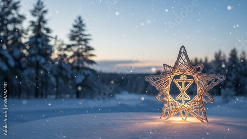 Glowing star shaped decoration on snowy ground with trees in background at dusk