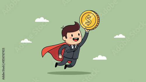 Flying superhero businessman holding a golden dollar coin, symbolizing financial success.