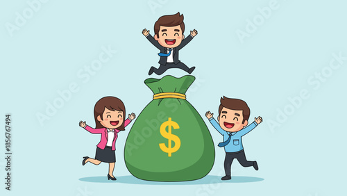 Happy Business People Celebrating Financial Success with a Large Money Bag.