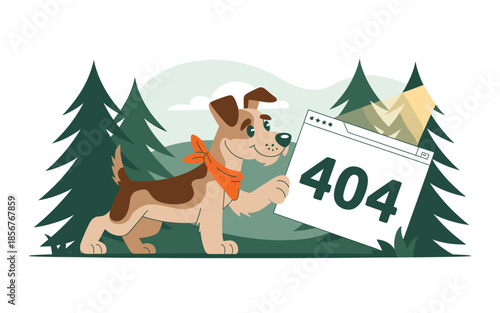 Cute dog holding 404 error page in forest landscape