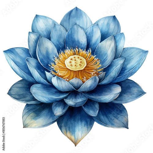 Blue Lotus Branch, watercolor painting capturing graceful lines and soft blended shades, isolated on a white background.