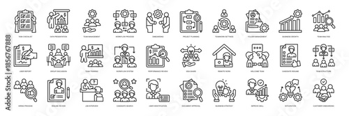 Onboarding icon collection line style. containing Task Checklist, Data Presentation, Team Management, Workflow Process, Onboarding, Project Planning, Teamwork