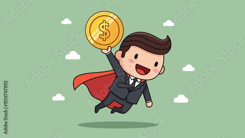 Happy Cartoon Businessman Superhero Flying Holding Golden Dollar Coin.