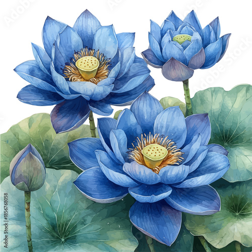 Blue Lotus Branch, watercolor vector portraying a joyful pose with colorful highlights, isolated on a white background.