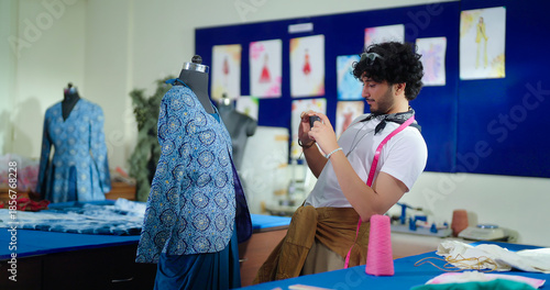 Photography Indian young adult gen z male man wear tape around neck use device learn good course do work indoor class room