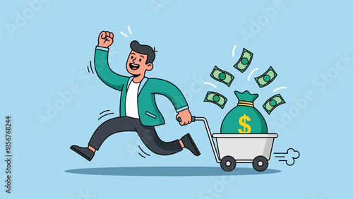 Happy man running with money cart, celebrating financial success and wealth.