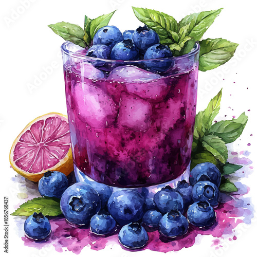 Blueberry Lemonade, watercolor vector portraying a joyful pose with colorful highlights, isolated on a white background.