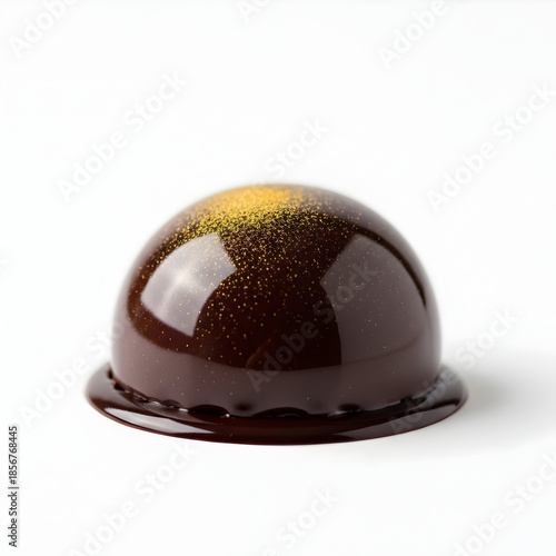 Luxurious chocolate dessert with gold sparkles on white background