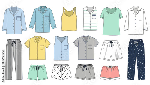 Assortment of pajama styles various shirts, pants, and shorts, perfect for comfort and relaxation