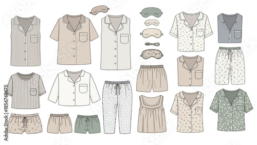 Various Designs of Pajamas and Sleep Masks in Detailed Illustration, Perfect for Apparel Design