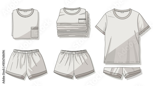 Illustration of folded and unfolded loungewear sets shirts and shorts, in a clean, minimalist style
