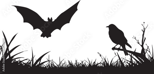 Silhouette of a bat and bird perched among grass and mountains on transparent background