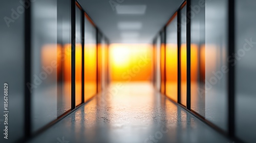 Long hallway with bright orange light extended corridor illuminated by intense orange glow creating deep shadows