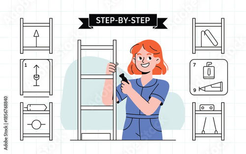 Woman assembling furniture with step by step instructions