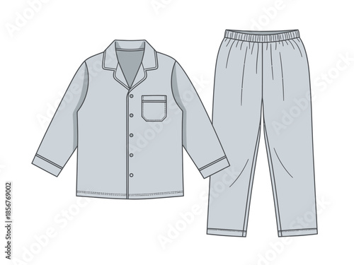 Flat illustration of a light grey pajama set, featuring a button-down shirt and matching pants