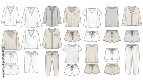 Fashion illustration of various sleepwear styles for women with tops, shorts, and pants in a clean design