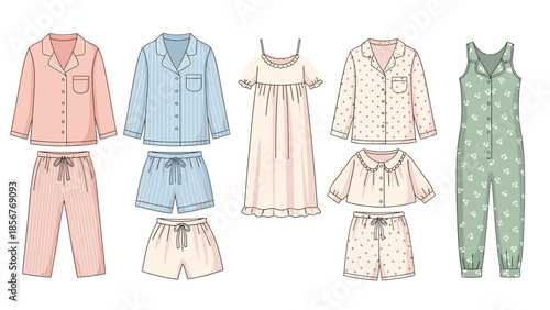 Collection of Women's Sleepwear Pajama Sets, Nightgowns, and Sleep Rompers in Vector Illustrations