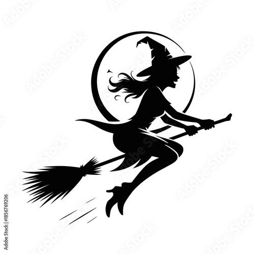 A stark black silhouette of a witch flying on a broomstick .
