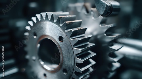 Close-up view of metallic gear mechanism illuminated with precise controlled lighting showcasing detailed industrial engineering, modern machinery components and high-quality mechanical design craftsm