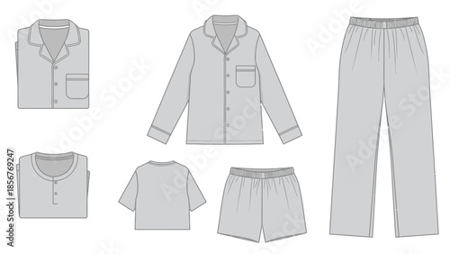 Stylish and Comfortable Pajama Set in Gray Top, Bottoms, and Shorts Illustrations for Fashion Design
