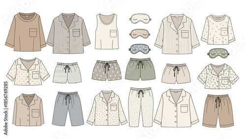 Cozy Sleepwear Collection Various Pajama Sets, Shirts, Shorts, and Sleep Masks on a White Background