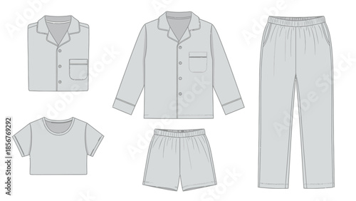 Illustration of Various Sleepwear Sets Comfortable Tops, Shorts, and Pajama Pants in Light Gray