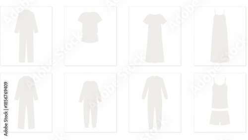 Assortment of pajamas and sleepwear silhouettes for comfort and relaxation, perfect for a cozy night