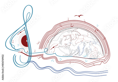 Abstract musical design with a treble clef and Planet Earth, colorful splashes, notes and waves.  Planet music. Hand drawn vector illustration.