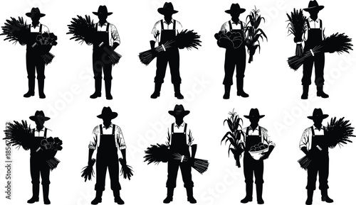 Set of farmer silhouettes holding wheat and crops, flat vector illustration isolated on white background for agricultural harvest and cad drawing design
