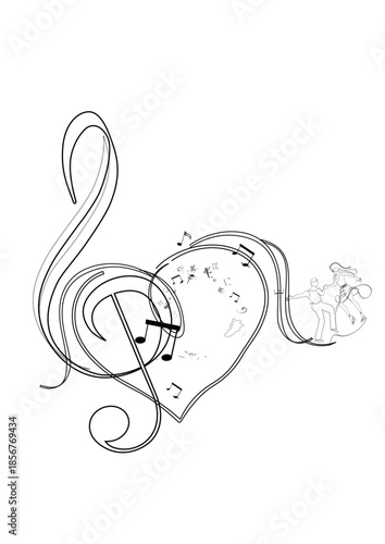 Abstract treble clef decorated with a salsa dancer and roses, notes. Hand drawn vector illustration.