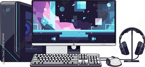 Modern Computer Setup with Gaming Peripherals and Abstract Screen Art