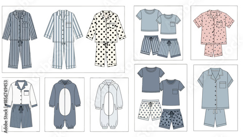 Variety of sleepwear designs in different styles, colors, and patterns, featuring pajamas and onesies