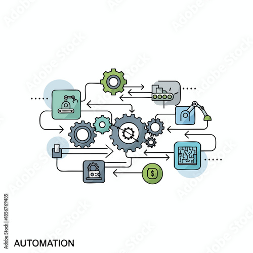 A network of gears, robotic arms, and diagrams illustrates automation and flow