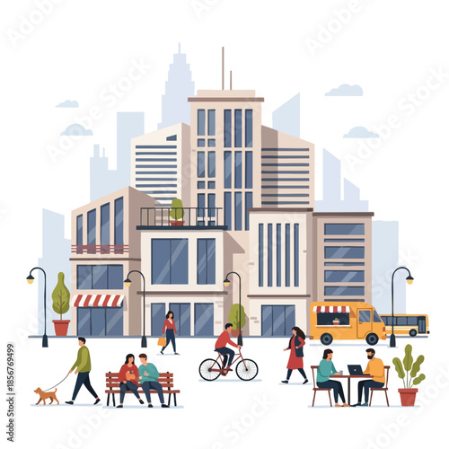 Flat illustration of a city scene with buildings, people, a food truck, and more