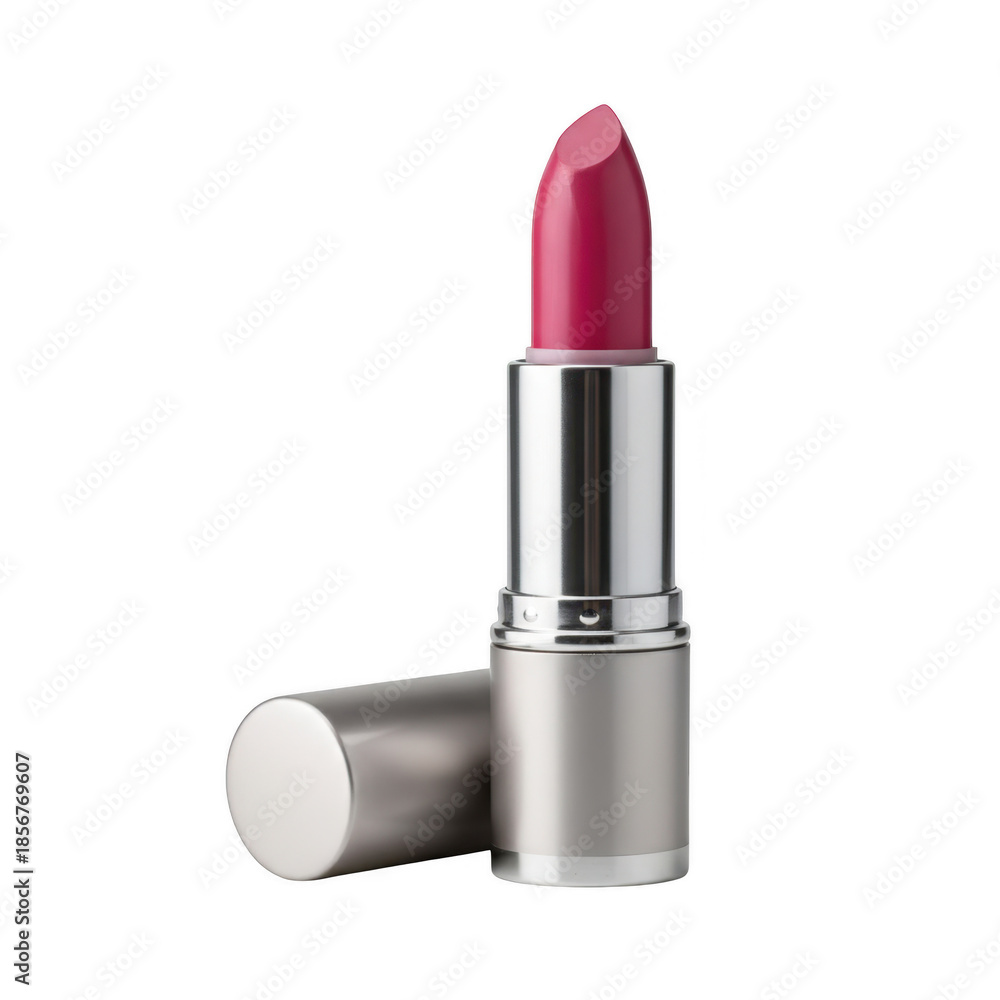 Obraz premium Vibrant pink lipstick in sleek silver case isolated on transparent background