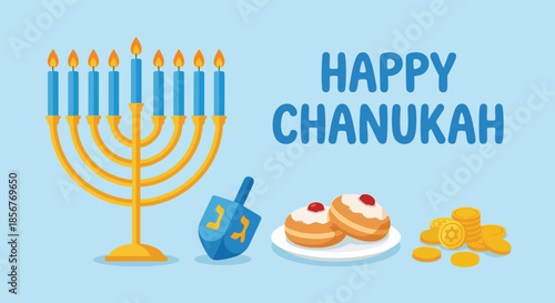 Happy Hanukkah Celebration with Traditional Symbols and Treats