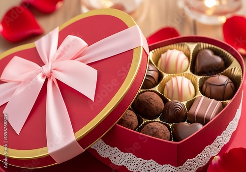 Heart-shaped box filled with assorted chocolates, tied with a pink ribbon.