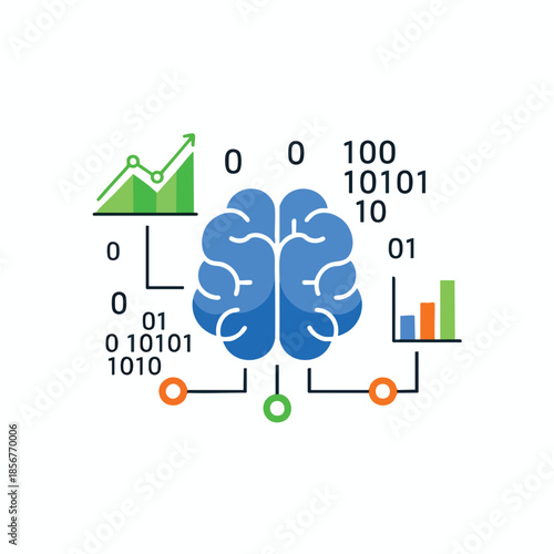 Illustration of a blue brain connected to charts and binary code for data analysis
