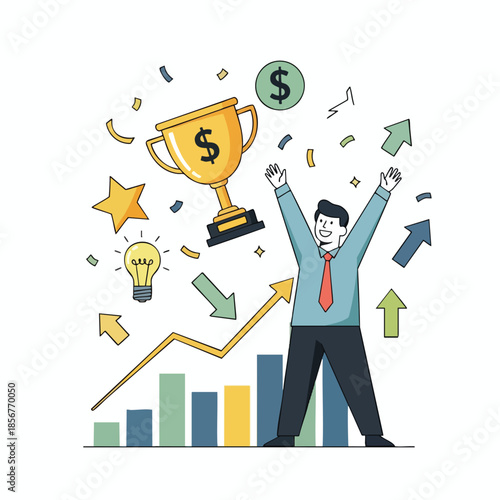 Happy man celebrates success with trophy, dollar, confetti, star, and rising graph