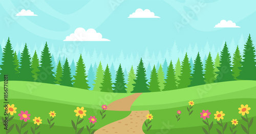 Spring forest meadow background with fresh green grass, trees, and bright seasonal atmosphere. Perfect for nature themes, children’s illustrations, posters, spring holiday cards, banners, web design