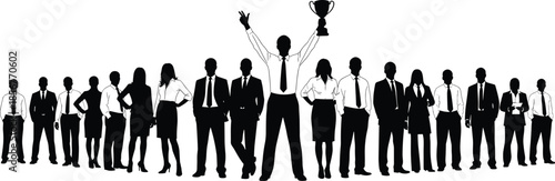 Diverse Business Team Silhouettes Celebrating Victory with Leader Holding Trophy Cup Representing Corporate Success Achievement Professional Winning and Executive Group Leadership